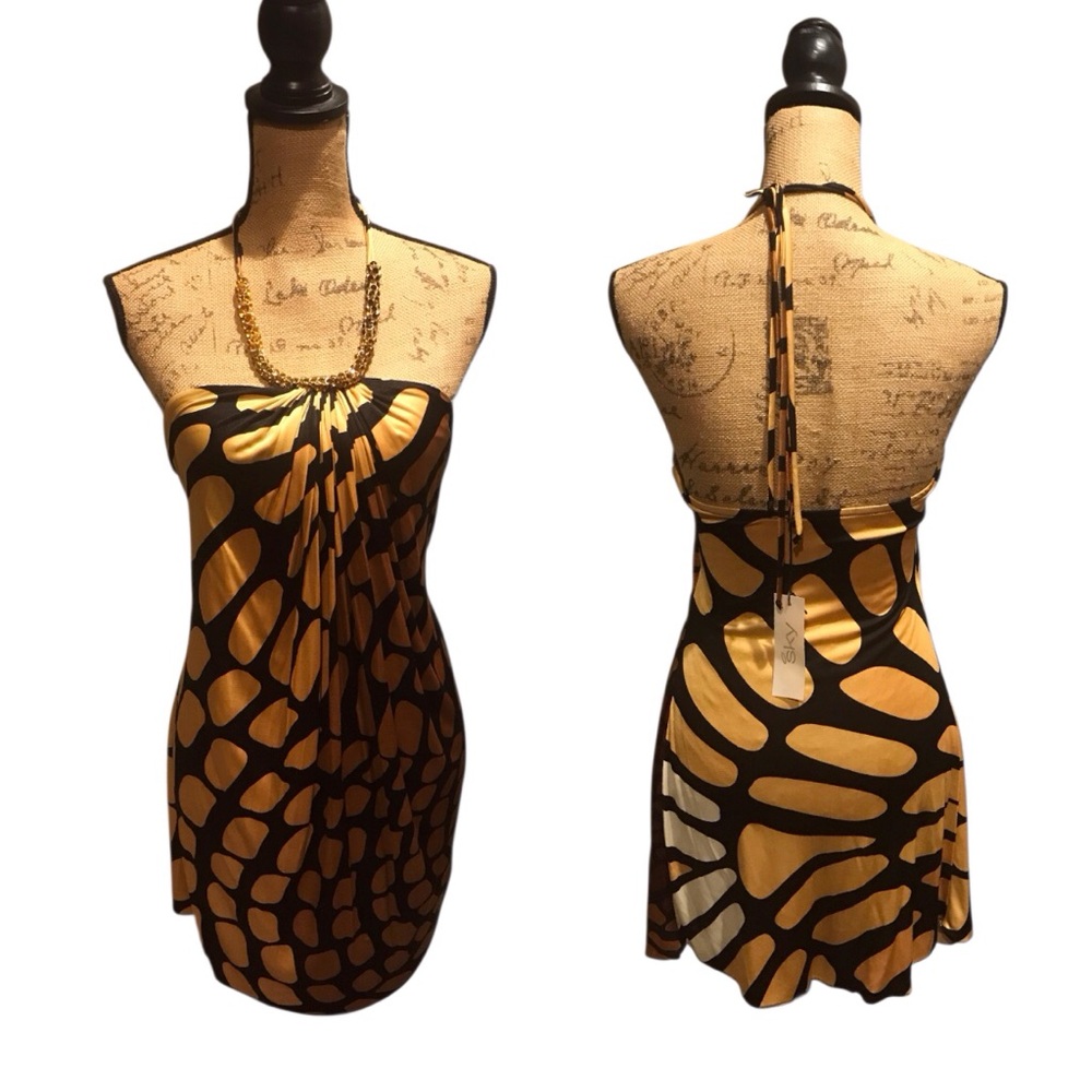 SKY Black and Gold Strapless Halter Dress